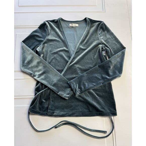 Madewell Tops - Madewell Shirt Womens XS Green Velour Long Sleeve Tie Front V-Neck Blouse